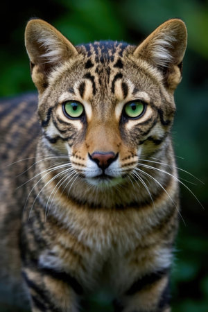 Portrait of a beautiful leopard cat with big green eyes.の素材