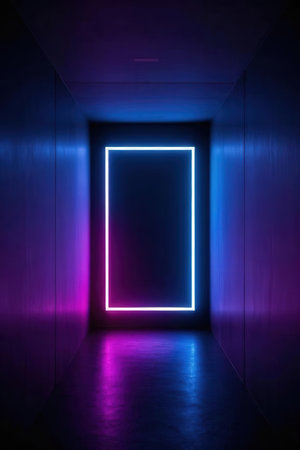 3D rendering of a futuristic corridor with neon lights and empty spaceの素材