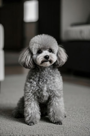 A black and white portrait of a poodle sitting on the carpet.の素材