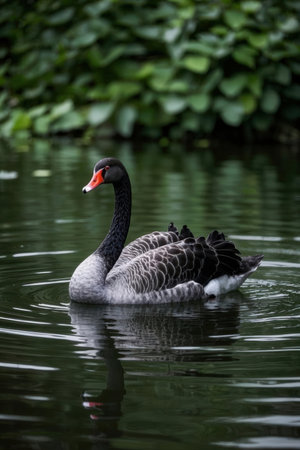 A black swan swimming on a lake with green leaves in the backgroundの素材