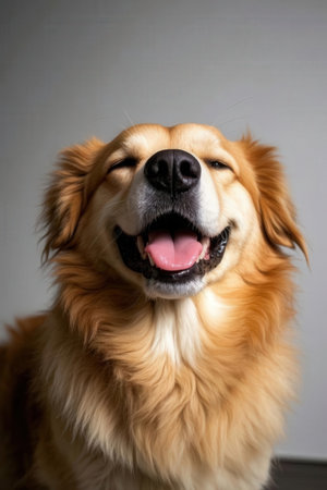 Portrait of a cute golden retriever dog on a gray backgroundの素材