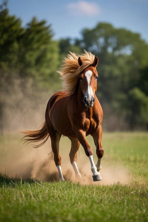 Beautiful chestnut horse galloping on the meadow in summerの素材