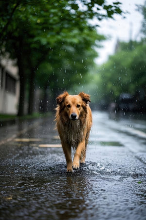 dog in the rain on the street. Nova Scotia Duck Tolling Retrieverの素材