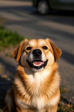 Portrait of a golden retriever sitting on the ground and smilingの素材
