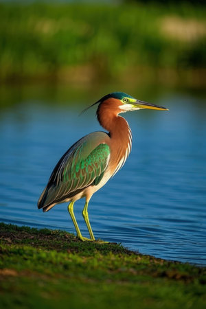 Green Heron, Ardea cinerea, single bird by water, Brazilの素材