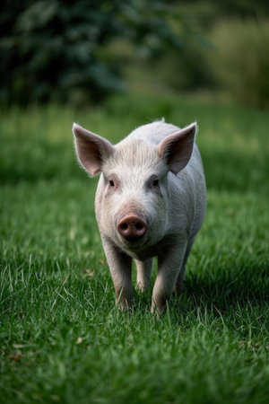 Little pig standing on the green grass in the garden. Selective focus.の素材