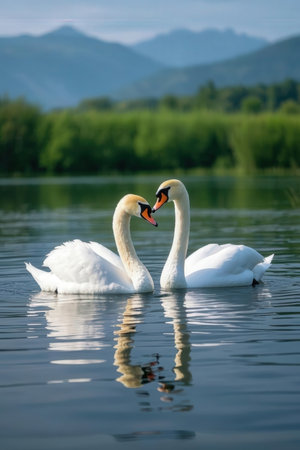 Two graceful white swans swimming on the lake. Beauty in nature.の素材