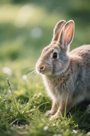 Cute little rabbit sitting on the grass in the meadow.の素材