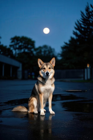 Portrait of an alaskan akita in front of the moonの素材