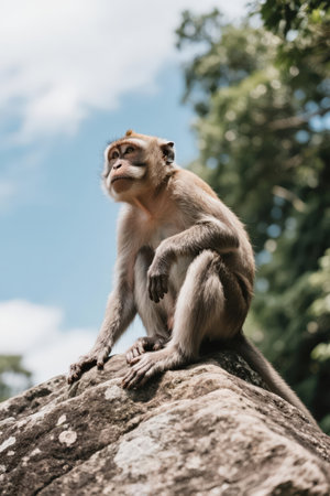 Monkey sitting on the rock with blue sky background, Thailand.の素材