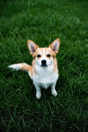 Welsh Corgi Pembroke dog sitting on green grassの素材