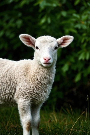 Cute lamb looking at the camera with green grass in the backgroundの素材