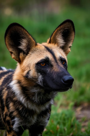 African Wild Dog in the wild, Okavango Delta, Botswana, Africaの素材