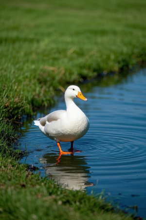 White duck standing in the water with reflection in the water, selective focusの素材