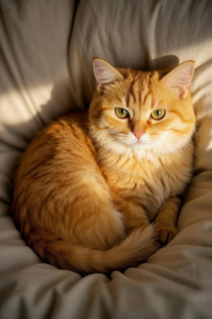 Beautiful ginger cat lying on the bed. Fluffy pet.の素材