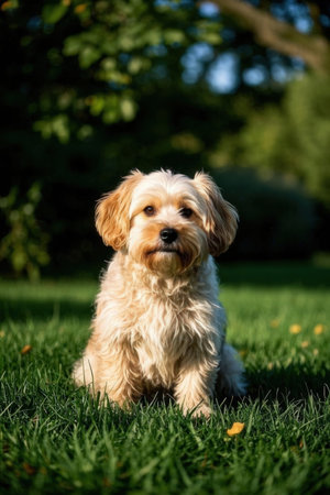 Cute little dog sitting on the grass and looking at the cameraの素材