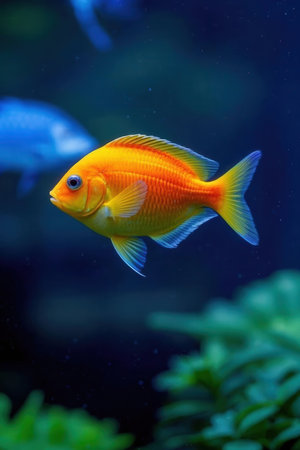 Beautiful yellow fish swimming in the aquarium. Aquarium fish.の素材