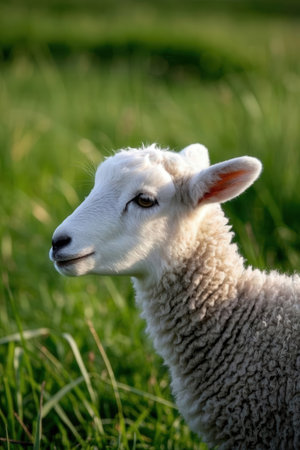Portrait of a young lamb on a green meadow in springの素材