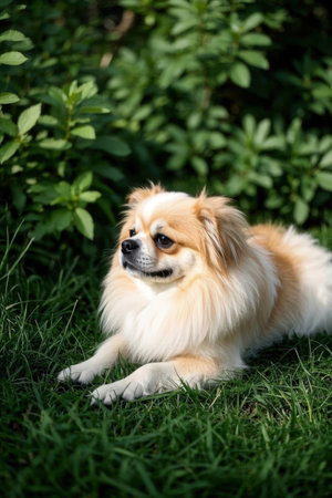 Cute Pomeranian dog lying on the grass in the gardenの素材