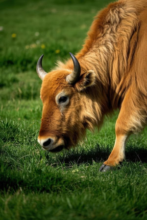 Portrait of a brown cow grazing on a green meadow.の素材