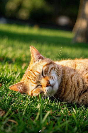 Cute ginger cat sleeping on green grass in the garden. Shallow depth of fieldの素材