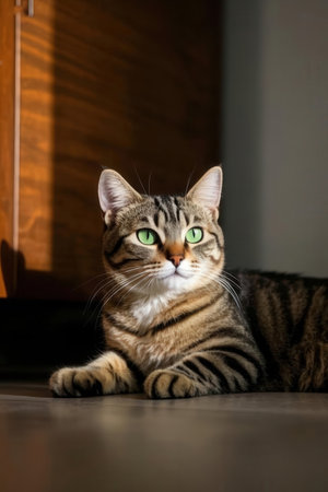 Beautiful tabby cat with green eyes lying on the floor.の素材