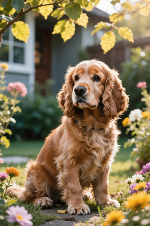 American cocker spaniel sitting in the garden on a sunny dayの素材