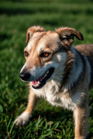 Portrait of a mixed breed dog on a green grass background.の素材