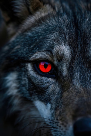 Close-up of the eye of a wolf with red eyes.の素材
