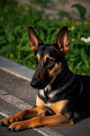 Portrait of a beautiful german shepherd dog lying on the stairsの素材
