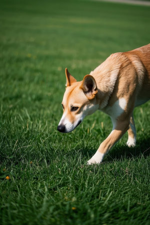 Shiba inu dog walks on the green grass in the parkの素材