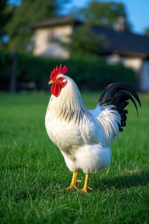 White rooster on green grass in garden. Rooster with red comb.の素材