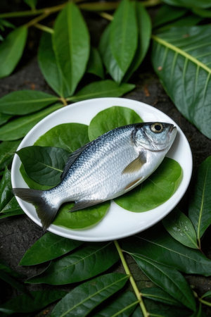 Fresh fish on a white plate with green leaves on dark background.の素材