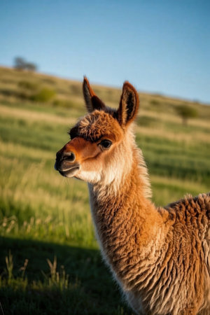 Portrait of a cute alpaca in the prairie.の素材