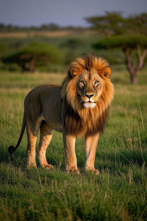 Lion standing in the grass in Maasai Mara, Kenyaの素材