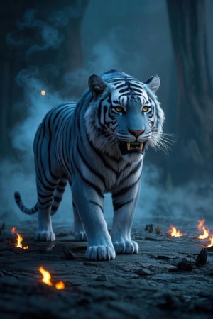Tiger in a dark forest with fire in the background. Halloween concept.の素材