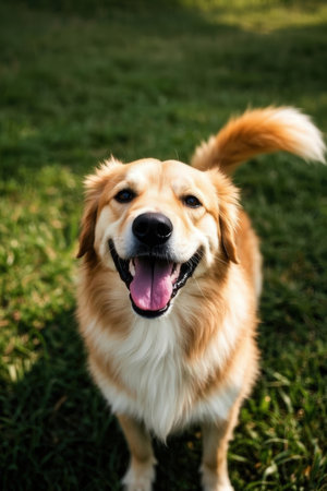 Cute Golden Retriever Dog in the park on green grassの素材