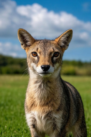 Portrait of a young fox on a green meadow in summerの素材