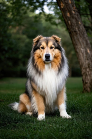 A beautiful Shetland Sheepdog sitting on the grass in the park.の素材