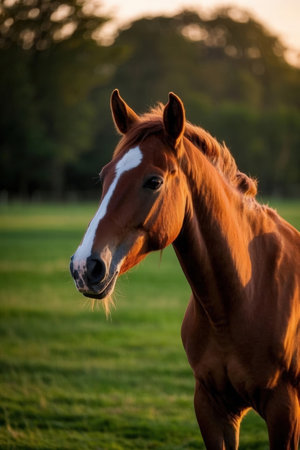 Portrait of a chestnut horse at sunset in the field.の素材