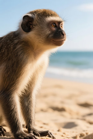 Monkey sitting on the sand near the sea and looking at the cameraの素材