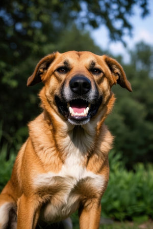 Portrait of a happy dog in the garden. Selective focus.の素材