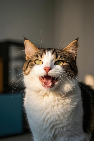 Portrait of a cat with a funny expression on his face.の素材