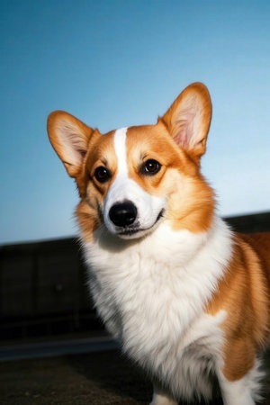 Welsh Corgi Pembroke in front of blue backgroundの素材