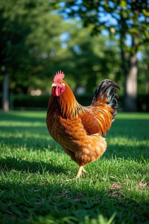 Beautiful rooster walking on the green grass in the garden.の素材
