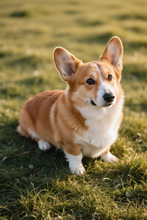 Welsh Corgi Pembroke dog on green grassの素材