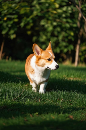 Welsh Corgi Pembroke puppy on green grassの素材