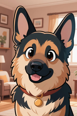 Cartoon Illustration of Cute German Shepherd Dog in the Roomの素材