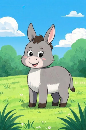 cartoon scene with funny donkey on the meadow illustration for childrenの素材