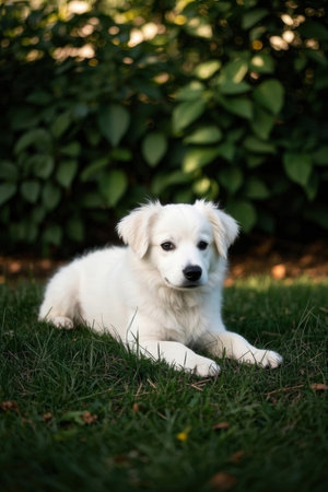 Cute white puppy sitting on the grass in the garden. Selective focus.の素材